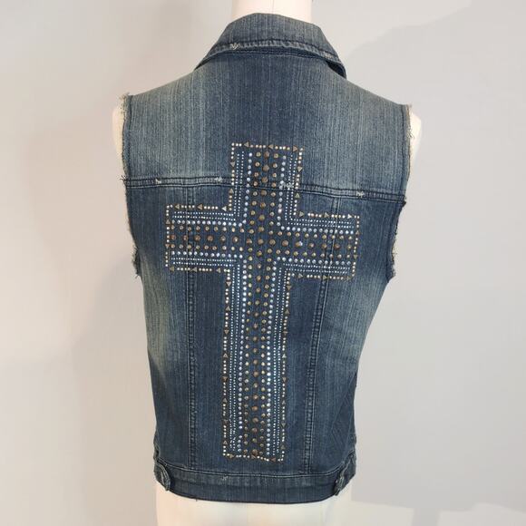 Sapphire Ink Blue Denim Cross Studded distressed Vintage Jean Vest Size S. - Picture 6 of 7